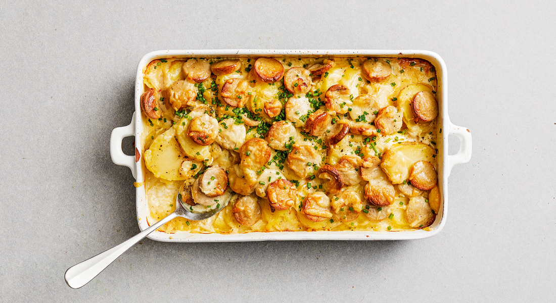 Kartoffelgratin mit Bratwurstrugeli