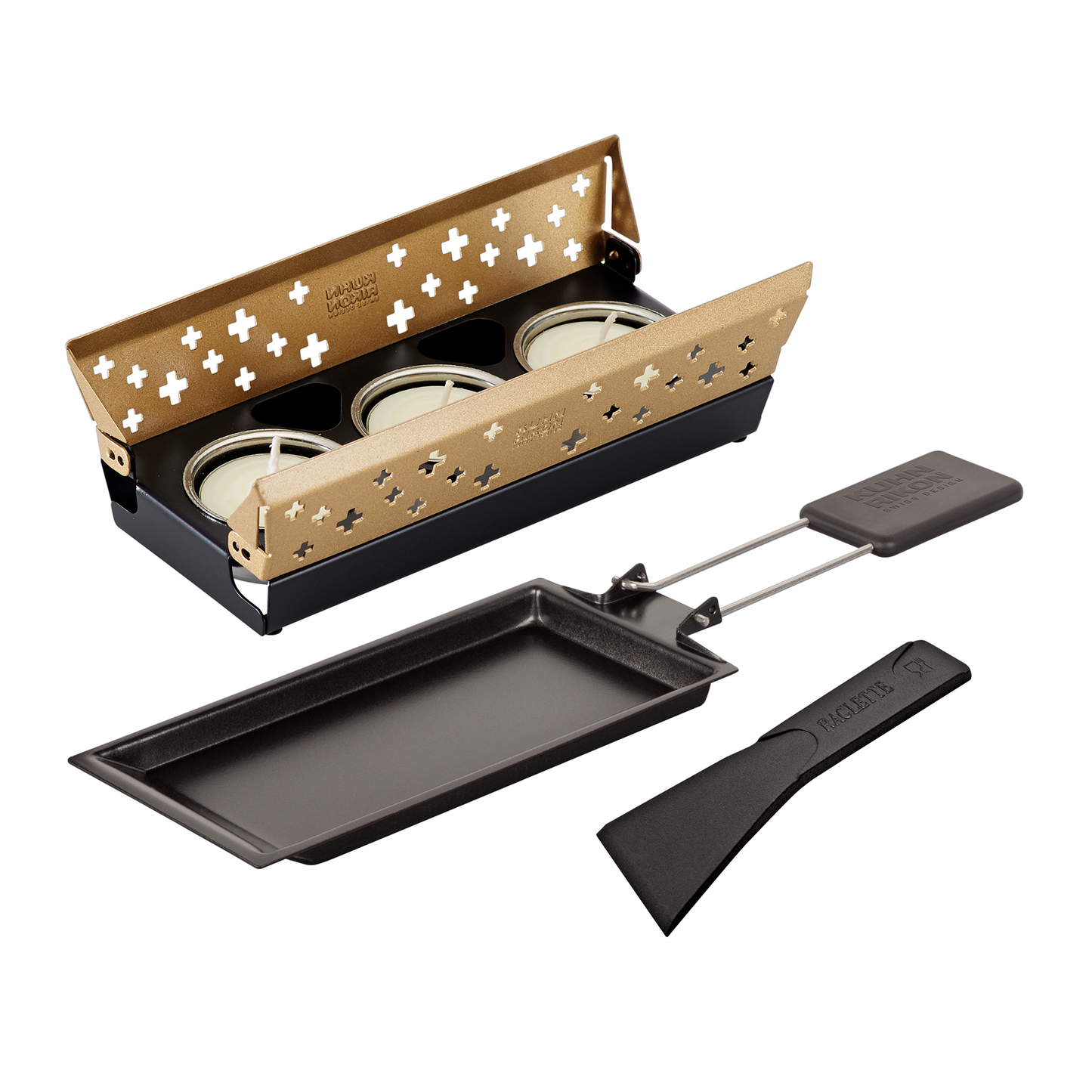 Raclette Set Mini Schweizer Kreuz gold